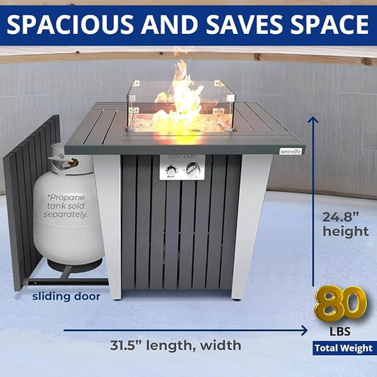 SereneLife Propane Fire Pit Table with Sturdy Metal, Gas Pits with 50,000 BTU and Stainless Steel Fire Pan, Includes Decorative Glass Rocks, Weather Cover, CSA Certified for Outdoor Fireplaces