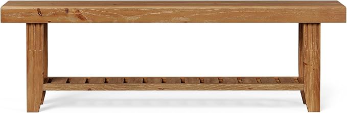LITTLE TREE 63" Solid Wood Entryway Bench, Rustic Wooden Shoe Bench with Slatted Storage Shelf, Heavy Duty Indoor Bench for Hallway, Bedroom, Living Room, Dining Room