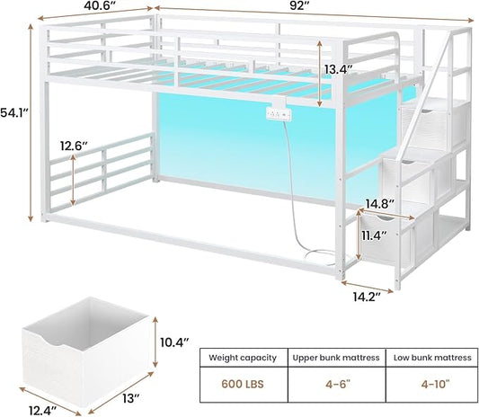ADORNEVE Low Bunk Bed Twin Over Twin with Stairs, Storage Drawers & Shelves, RGB LED Lights Metal Floor Bunk with Power Outlet, Full-Length Guardrail & Metal Slats, for Small Space, Kids, White