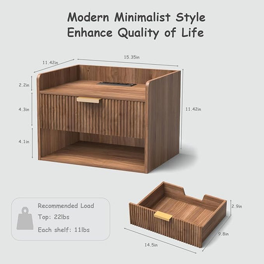 Arbuxzuy Floating Nightstand Set of 2 with Charging Station, Modern Wall Mounted Bedside Table with Drawer & Open Shelf, Minimalist Wooden Night Stand for Bedroom (Walnut Brown)