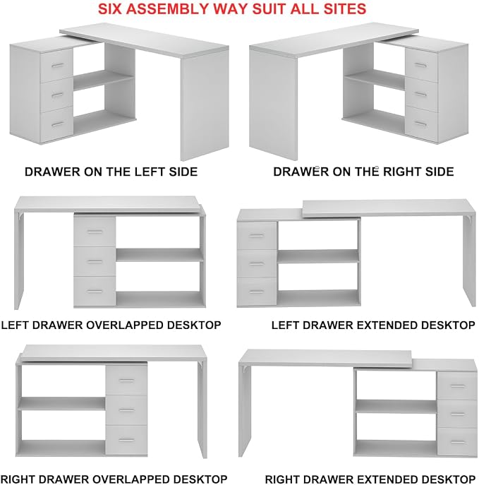 HSH White L Shaped Desk with Drawers Shelves, Corner Home Office Desk L Shape with Storage Cabinet, Large Wood Computer Desk for PC Executive Work Writing Study, Modern Living Room Bedroom Table,60 In
