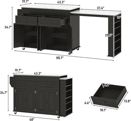 80"-48" Extendable Kitchen Island with Extended Dining Table and Power Outlet,Large Mobile Kitchen Storage Islands with 2 Storage Drawers,Rolling Islands Cart with 3 Extra Rows Open Shelves(Marble Bl)