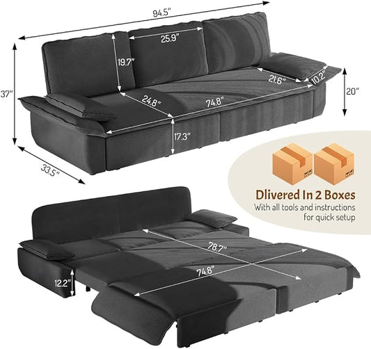 ERYE King Foldable Sleeper Sofa,Oversized 3-in-1 Convertible Pull Out Sleeper Sofabed W/Pillow Armrests,3 Seat Couch Space Saving Sleeper Sofa Bed for Living Room Bedroom