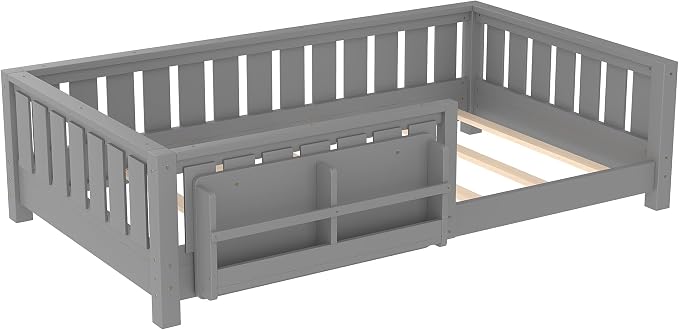 Bellemave Twin Size Montessori Floor Bed with Rails and Slats, Twin Size Floor Bed with Bookshelf and Fence, Low Profile Montessori Beds Frame for Girls, Boys, White