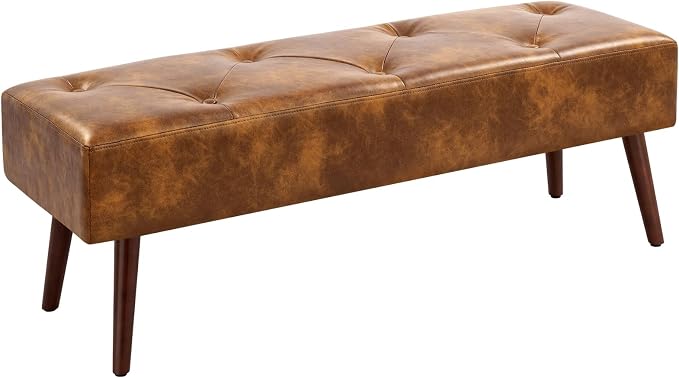 Furniliving 44 Inch Tufted Leather Bench, Leather Footrest Stool Bedroom Bench Seat, Upholstered Tufted Beathable Fabrics Ottoman Bench with X-Shaped Wood Legs for Kitchen, Solid Wood Indoor Bench