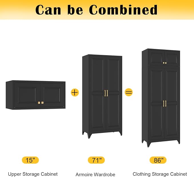 SteeLoong 86" Metal Armoire Wardrobe Closet with Doors,BlackTall Clothing Storage Cabinet with Adjustable Shelves and Hanging Rod,Wardrobe Closet for Bedroom,Home,Office,Gym