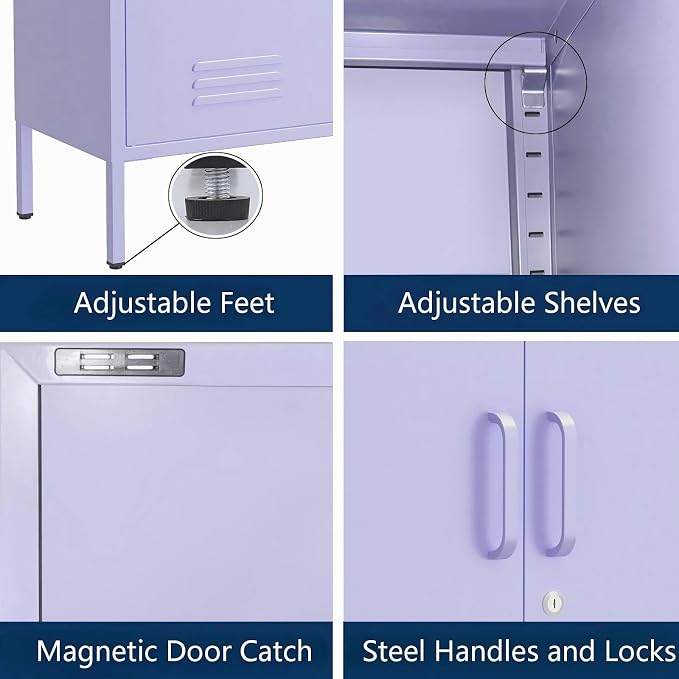 Single Door Lockable Metal End Table & Children's Bedside Table, 2-Tier Storage Cabinet with Adjustable Shelf, Easy Assembly Side Table for Living Room Bedroom Home Office Purple