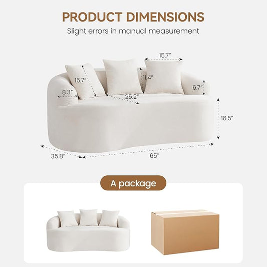 65" Boneless Loveseat Sofa Couch, Modern Comfy Curved Cloud Sofa, Chenille Deep Seat Love Seat Couches for Living Room, No Assembly, Beige