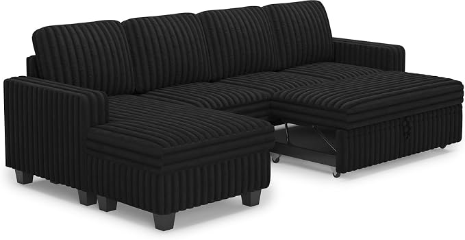 Belffin Modular Sectional Sofa with Storage Chaise Corduroy Sleeper Sofa with Pull Out Bed L Shaped Couch for Living Room. Apartment Couch. Black