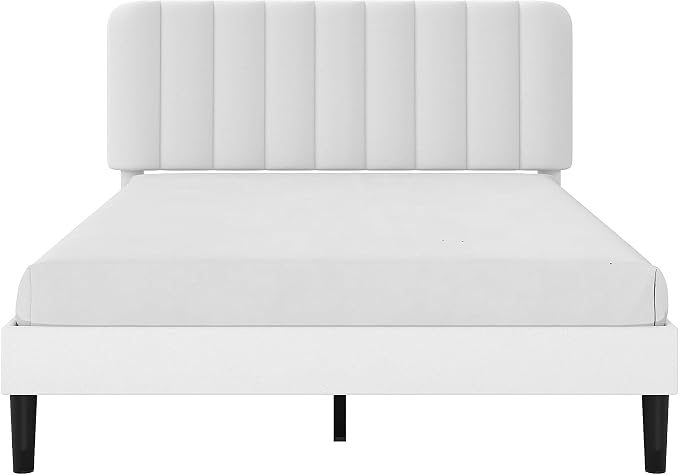 VECELO Queen Size Bed Frame with Upholstered Headboard, Velvet Platform Bedframe Mattress Foundation, Strong Wood Slat Support, No Box Spring Needed,White