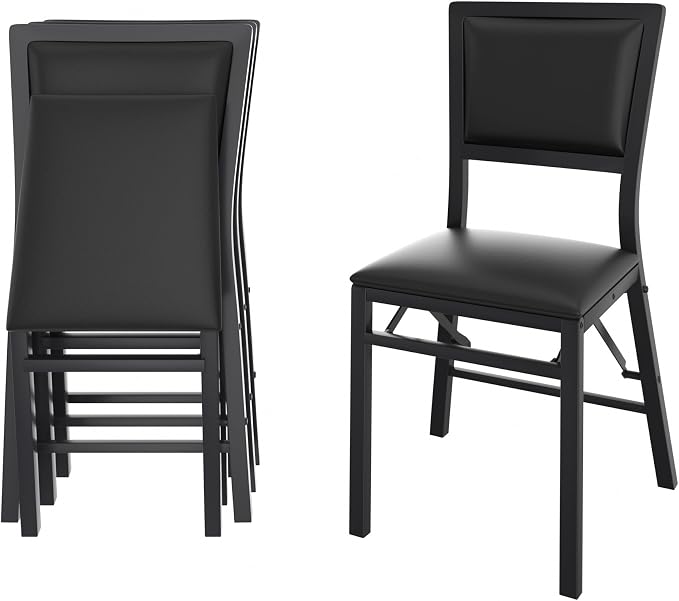 VECELO Folding Dining Chairs Set of 4, Metal Padded Foldable Seating with Comfortable Faux Leather, Space-Saving Portable Guest Seats for Kitchen & Office, No Assembly, Black