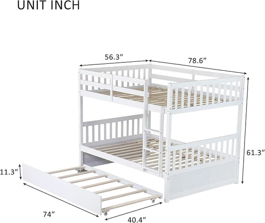 Harper & Bright Designs Convertible Wood Full-Over-Full Bunk Bed with Trundle and Ladder - Can Be Divided Into Two Platform Beds, White