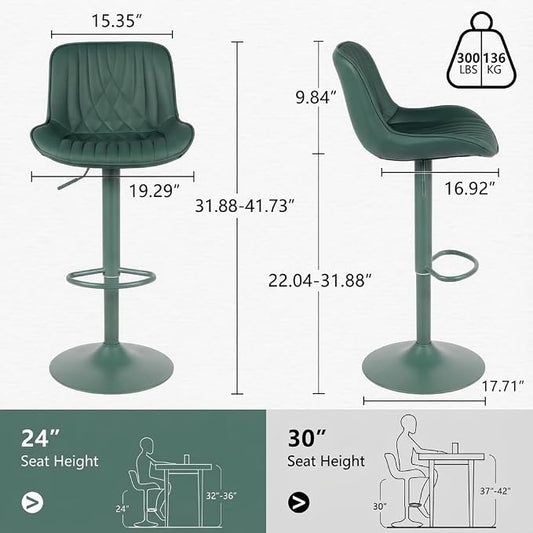 YOUTASTE Faux Leather Bar Stools Set of 2, All Dark Green Upholstered Counter Height Barstools with Back, Adjustable Swivel Stool Chair with Dark Green Metal Base for Home Kitchen Island