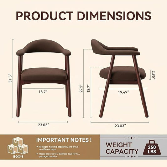 MALOL Leather Dining Chair with Armrest Set of 6, Upholstered Dining Room Chair with Curved Back and Wood Legs, Mid Century Modern Kitchen Chairs for Kitchen Dining Room,Dark Brown