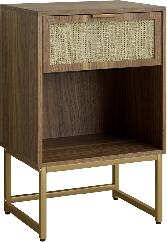 Masupu Rattan Nightstand,Modern Night Stand Boho Farmhouse Wood Bedside Table with Storage Drawer Side End Table for Bedroom, Office,Walnut Brown