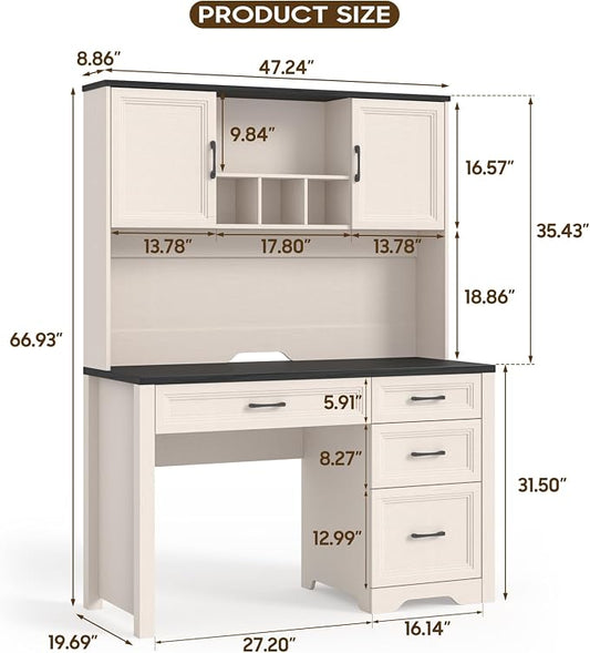 Vabches Farmhouse Executive Desk with 4 Drawers and Storage Cabinet, Rustic Large Home Writing Desk with Hutch, Workstation for Bedroom, Black.