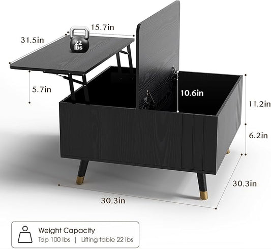 Lift Top Coffee Table with Storage, 32" Black Center Table for Living Room, Square Dinning Table with Solid Wood Legs