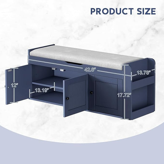 42.6" Entryway Shoe Storage Bench with Padded Seat, 3 Doors and Side Shelves, Lift Top Storage Bench for Shoes, Hallway, Bedroom, Living Room, Navy Blue