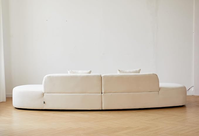 Container Furniture Direct Belmont 132" Curved Sofa with Throw Pillows, 6 Seater Luxury Velvet Couch with Half Moon Design and High-Density Foam Ideal for Modern Living Room, Office & Apartment, Ivory