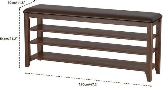 Taitiy Shoe Bench Storage Rubberwood with Leather Cushion for Entryway Bench Ideal for Hallways Shoe Rack Front Doors Entrances Mudrooms Featuring 3 Height-Adjustable and Removable Shelves