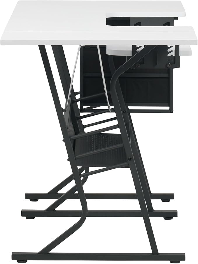Sew Ready Eclipse Hobby Sewing Table, 60.25 x 23.75" Overall Platform Size with Large Lower Storage Drawer, 2 Side Shelves & Cloth Drawer, Black/White