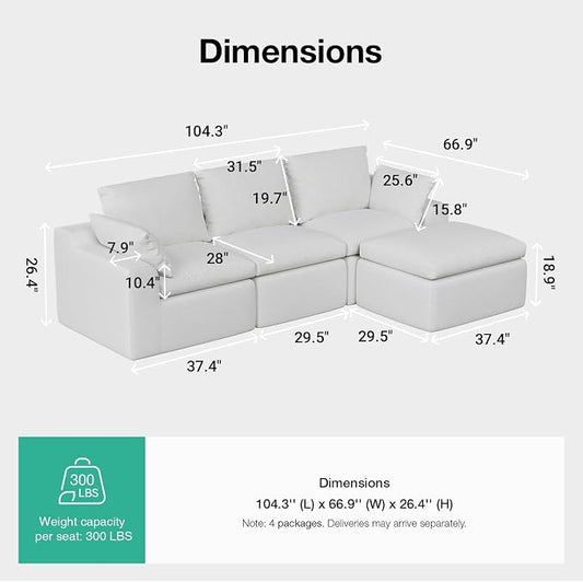 Novilla 104.3" Modular Cloud Couch, Modern Sectional Sofa with Smarts Coil® Support, Chenille Fabric, Upholstered Couch for Living Room Apartments Bedroom, No Assembly, 3 Seater + 1 Ottoman, White
