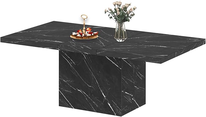HSH Black Faux Marble Dining Table, 63 inch Modern Dinner Table for 6 Person, Farmhouse Rectanglur Kitchen Table for Living Room, Long Wood Dining Room Tables with strong Pedestal, Black Marble, 63 In
