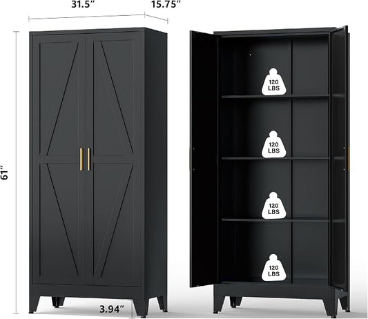 61" Black Metal Storage Cabinet, Farmhouse Pantry Cabinet with 2 Vintage Barn Doors and 3 Adjustable Shelves, Rustic Freestanding Cupboard for Kitchen,Home Office Living Room,Dining Room
