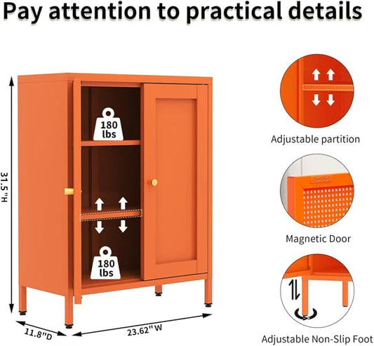 Orange Metal Storage Cabinet with 2 Doors - 31.5''H Bathroom Floor Storage Cabinet, 3 Tier Locker with Adjustable Shelves,Bathroom Cabinet for Office, Home, Living Room, Kitchen
