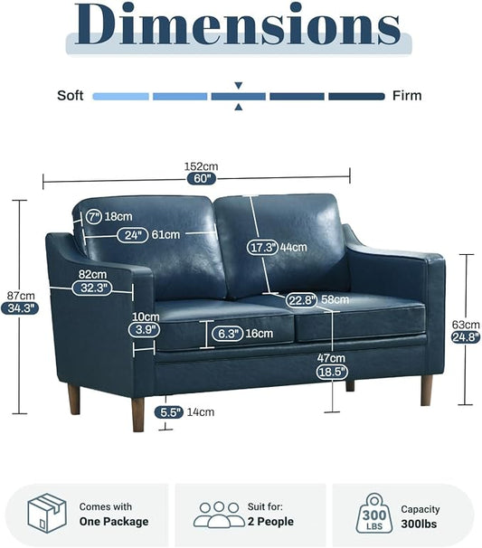 Kingfun 60" Faux Leather Sofa, Loveseat Couch, Mid Century Modern Love Seat Couches with Solid Wood Frame for Living Room Bedroom