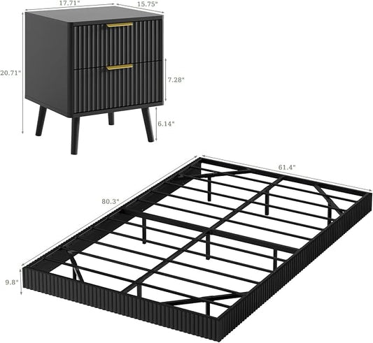 LYNSOM 3 Pieces Queen Bedroom Set, Floating Bed Frame with Smart LED Lights & Nightstand Set of 2, Fluted Bedroom Furniture Set for Home, Bedroom, Black
