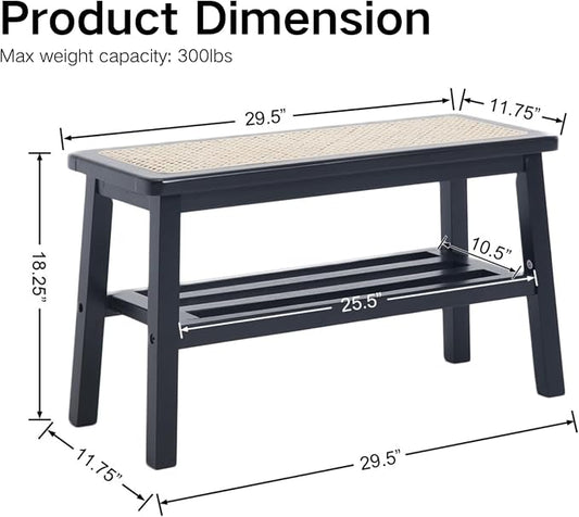 ROCITY Black Rattan Entryway Bench Wood Bench with Shoe Rack 30 Inch Small Bench Seat Storage Indoor Wooden Dining Bench Farmhouse Vintage Rustic Accent Bench for Porch/Dining Room/Living Room