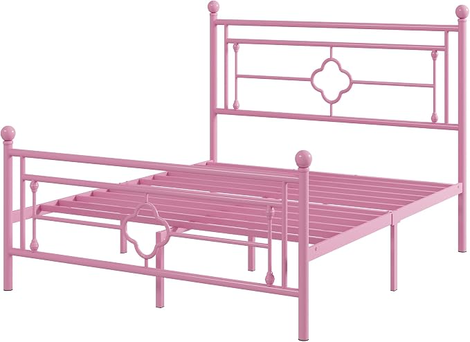 Allewie Queen Size Metal Platform Bed Frame with Victorian Vintage Headboard and Footboard/Mattress Foundation/Under Bed Storage/No Box Spring Needed/Noise-Free/Easy Assembly, Pink