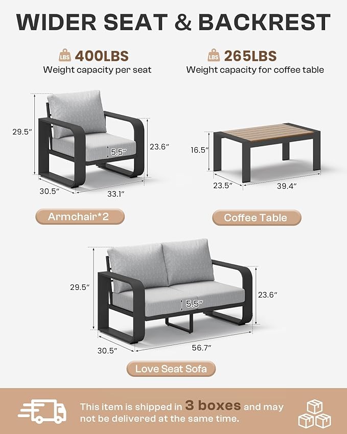 Oversized Aluminum Outdoor Furniture Set, Extra Large Patio Furniture Sofa Set 4.8” Widened Armrest & Ultra-Thick Cushions, 4 Pcs Modern Patio Sectional for Backyard, Deck, Gray