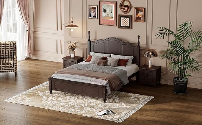 Harper & Bright Designs 3 Pieces Bedroom Sets, Full Size Wood Platform Bed Frame with 2 Nightstands, Retro Design, Farmhouse Bedroom Furnture Set, Easy to Assemble (Walnut)