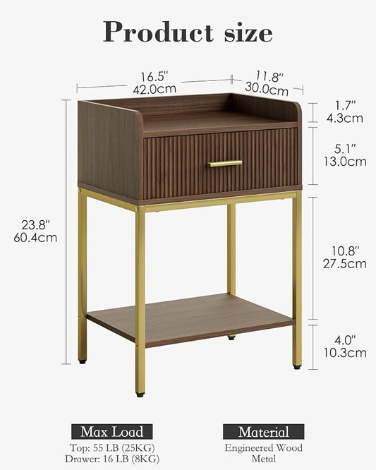 Nightstand, 3-Tier Bed Side Table, Small End Table, Night Stand with Open Shelf and Drawer, Bedside Table for Bedroom, Living Room, Walnut