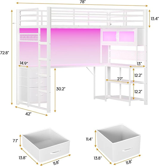 ADORNEVE Gaming Loft Bed Twin Size with L-Shaped Desk, Storage Drawers & RGB Arcylic Hutch, Expanded Safety Power Outlet, Metal LED Loft Bed Frame with Wide Ladder, for Teen Girls, White