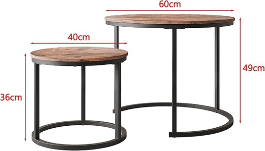 HOJINLINERO Small Round Nesting Coffee Table Set of 2 with Metal Frame and Wood Top, Modern Stacking Side Table for Living Room, Bedroom, Office, Brown