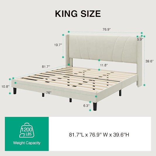 Novilla King Size Bed Frame, King Bed Frame with Headboard, Velvet Upholstered Wing Side Headboard, No Box Spring Needed, Heavy Duty Feet, Easy Assembly, White Velvet