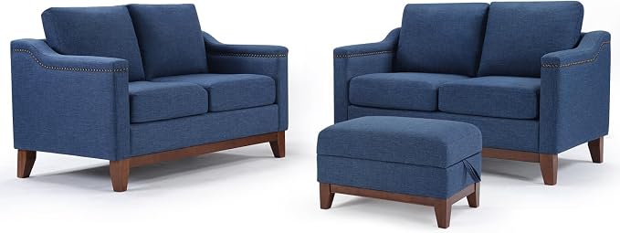HAOMARKETS 3 Piece Fabric Sofa Set with Nailhead Trim, Included 2 Loveseat 2-Seater Couches with Thicked Cushion and Upholstered Storage Ottoman with Flip-Top Table, Living Room Furniture Set,Blue