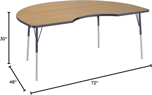 FDP Kidney (48 x 72 inch) Collaborative Classroom Table with Adjustable Standard Swivel Glide Legs (19-30 in); School and Office Furniture - Pasadena Oak Top/Navy Edge and Legs