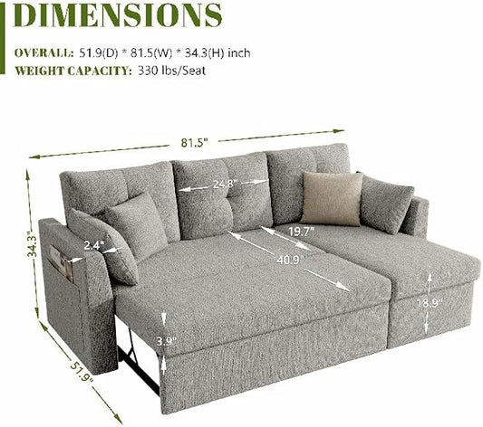 Huatean Home Sleeper Sofa Couch, 2 in 1 Sectional Sleeper Couch Bed with Side Pocket, Pullout Sofa Bed with Storage Chaise for Living Room, Light Grey
