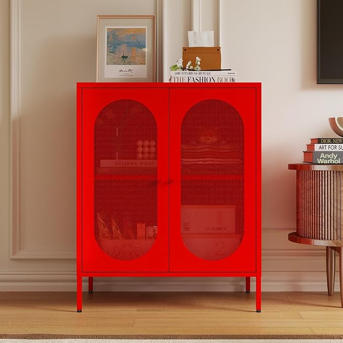 2 Mesh Door Accent Storage Cabinet for Home, Living Room, Office Room,Kitchen-Metal Locker Cabinet with 1 Adjustable Shelves-2-Tier (Small Mesh Door, red)