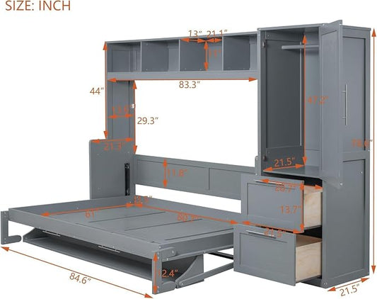 Virubi Full Murphy Bed with Wardrobe Closet,2 Drawer,4 Storage Open Shelves,Wood Folding Murphy Wall Bed Cabinet with Storage, Easy Assembly (Grey,Queen)