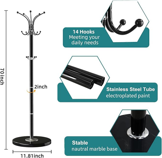 OIRUMIE Coat Rack with Natural Marble Base, Metal Freestanding Coat Racks with 14 Hooks, 360°Rotary Coat Rack Stand for Hanging Scarf, Bag, Jacket, Black Coat Tree Hanger Holder Stand