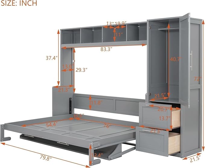 Virubi Full Horizontal Murphy Bed with Storage Wardrobe Closet,2 Drawer,4 Storage Shelves,Wood Folding Murphy Wall Bed Cabinet for Adult (Grey)