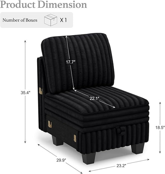 Belffin Plush Corduroy Single Module with Storage for Modular Sectional Sofa Black Couch