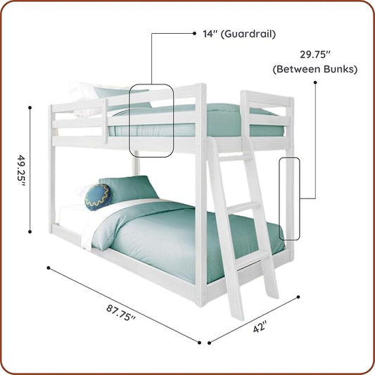 Grain & Grove Bear Twin Over Twin Bunk Bed, Low Bunk Bed Frame for Kids, Bunk with Ladder, Guardrail, and Slats, No Box Spring Required, Brushed White