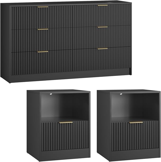 6 Drawer Dresser & Nightstand Set 3-Piece, 55” Wide Bedroom Set Night Stand Set of 2 with Metal Handle, Fluted Modern Wood Chest of Drawers Storage Dressers Set for Bedroom, Black