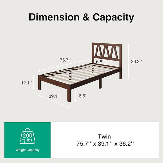 Novilla 12inch Twin Bed Frame Wooden Twin Size Bed Frame, Solid Wood Twin Size Bed Frame with Headboard No Box Spring Needed, Easy Assembly, Walnut